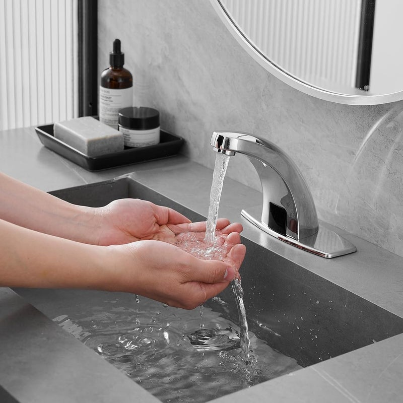 BATHFINESSE Touchless Bathroom Sink Faucet Commercial Infrared Motion Sensor, Battery or Plug-in Powered, Hot & Cold Mixer Tap, Hands-Free Faucet with Hole Cover Plate, Chrome - Image 3